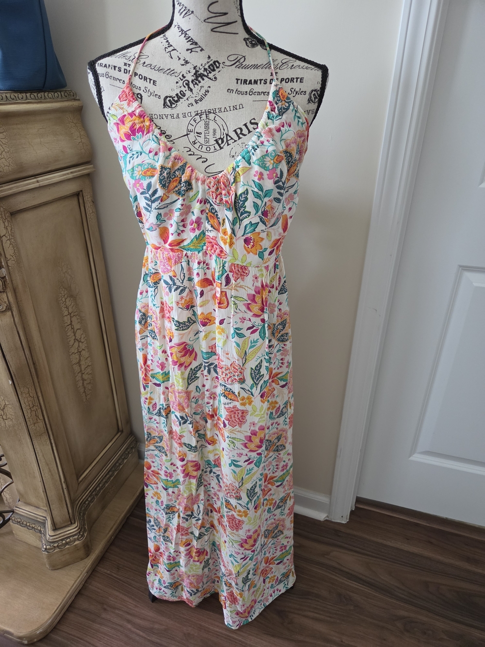 Old Navy White Floral Smocked Dress with Pink Orange Green Accents